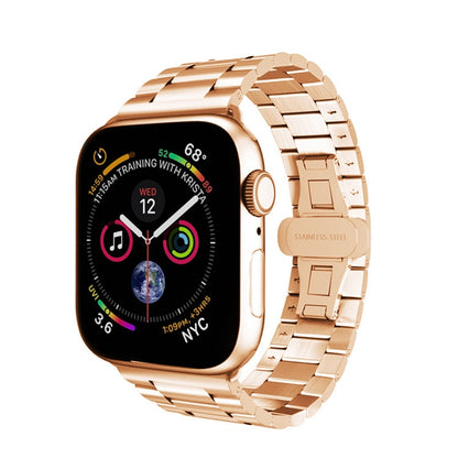 For Apple Watch 42mm Three-bead Butterfly Buckle Metal Watch Band(Rose Gold) - Watch Bands by PMC Jewellery | Online Shopping South Africa | PMC Jewellery
