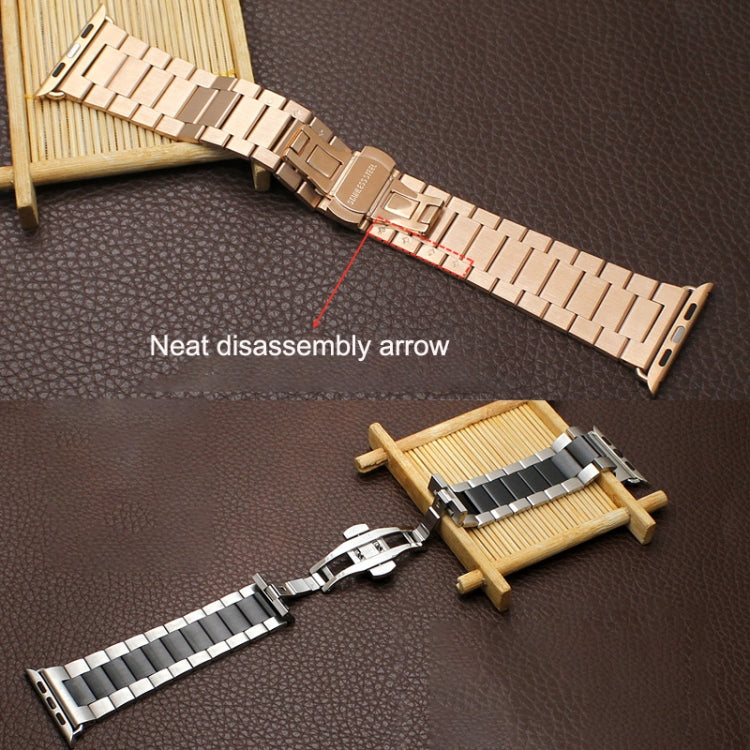 For Apple Watch Series 5 44mm Three-bead Butterfly Buckle Metal Watch Band(Rose Gold) - Watch Bands by PMC Jewellery | Online Shopping South Africa | PMC Jewellery
