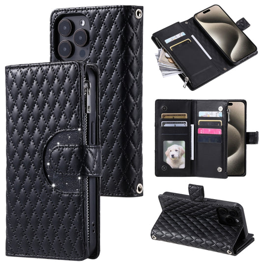 For iPhone 16 Pro Max Glitter Lattice Zipper Wallet Leather Phone Case(Black) - iPhone 16 Pro Max Cases by PMC Jewellery | Online Shopping South Africa | PMC Jewellery | Buy Now Pay Later Mobicred