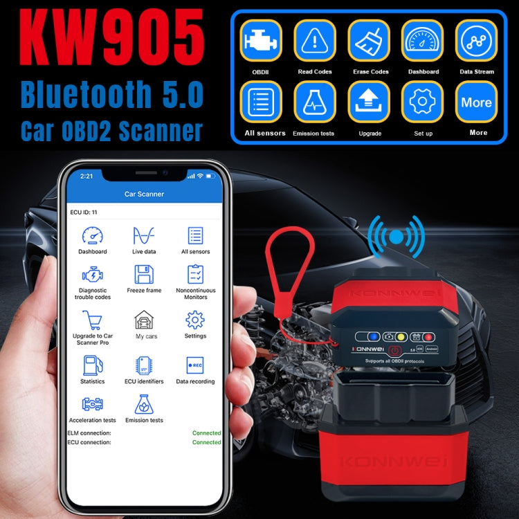 KONNWEI KW905 Bluetooth 5.0 Car OBD2 Scanner Support Android & iOS(Black Red) - Code Readers & Scan Tools by KONNWEI | Online Shopping South Africa | PMC Jewellery | Buy Now Pay Later Mobicred