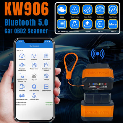 KONNWEI KW906 Bluetooth 5.0 Car OBD2 Scanner Support Android & iOS(Black Orange) - Code Readers & Scan Tools by KONNWEI | Online Shopping South Africa | PMC Jewellery | Buy Now Pay Later Mobicred