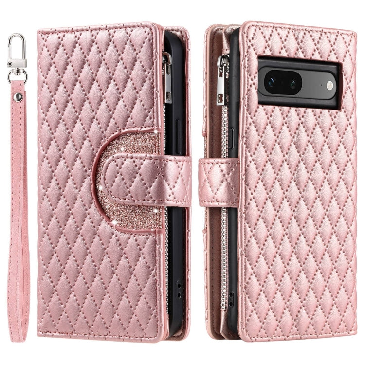 For Google Pixel 7 5G Glitter Lattice Zipper Wallet Leather Phone Case(Rose Gold) - Google Cases by PMC Jewellery | Online Shopping South Africa | PMC Jewellery | Buy Now Pay Later Mobicred