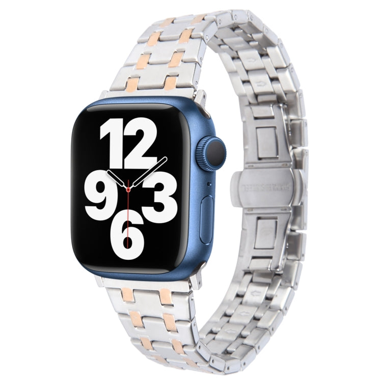 For Apple Watch Series 7 45mm Double T Stainless Steel Watch Band(Silver Rose Gold) - Watch Bands by PMC Jewellery | Online Shopping South Africa | PMC Jewellery