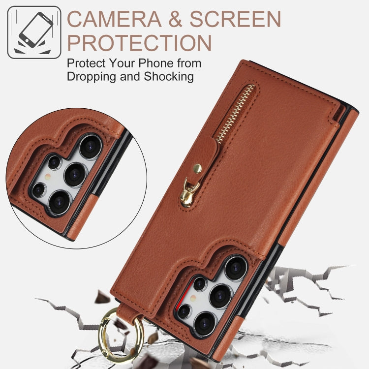 For Samsung Galaxy S24 Ultra 5G Litchi Texture Zipper Double Buckle Card Bag Phone Case(Brown) - Galaxy S24 Ultra 5G Cases by PMC Jewellery | Online Shopping South Africa | PMC Jewellery | Buy Now Pay Later Mobicred