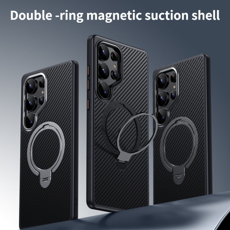 For Samsung Galaxy S25 Ultra 5G Double Ring MagSafe Holder Carbon Fibre Phone Case(Silver) - Galaxy S25 Ultra 5G Cases by PMC Jewellery | Online Shopping South Africa | PMC Jewellery | Buy Now Pay Later Mobicred