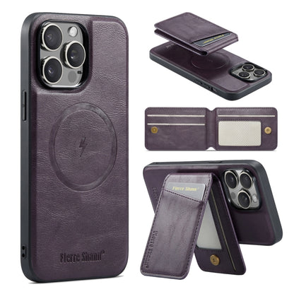 For iPhone 16 Pro Fierre Shann Oil Wax Cow Leather Magnetic Card Holder Phone Case(Purple) - iPhone 16 Pro Cases by FIERRE SHANN | Online Shopping South Africa | PMC Jewellery | Buy Now Pay Later Mobicred