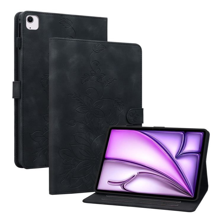 For iPad Air 13 2024 Lily Embossed Leather Smart Tablet Case(Black) - iPad Air 13 2024 Cases by PMC Jewellery | Online Shopping South Africa | PMC Jewellery | Buy Now Pay Later Mobicred