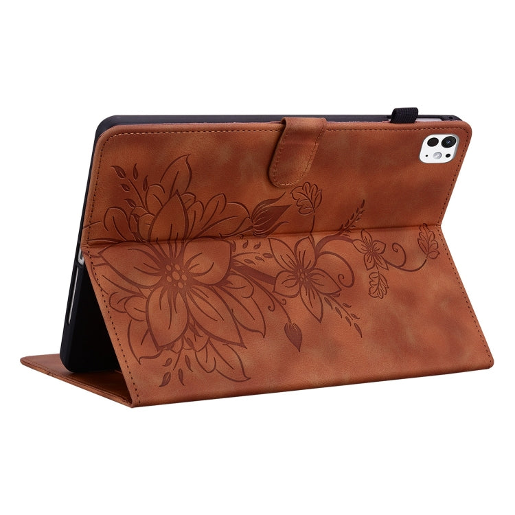 For iPad Pro 11 2024 Lily Embossed Leather Smart Tablet Case(Brown) - iPad Pro 11 2024 Cases by PMC Jewellery | Online Shopping South Africa | PMC Jewellery | Buy Now Pay Later Mobicred
