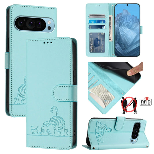 For Google Pixel 9 / 9 Pro Cat Rat Embossed Pattern RFID Leather Phone Case with Lanyard(Mint Green) - Google Cases by PMC Jewellery | Online Shopping South Africa | PMC Jewellery | Buy Now Pay Later Mobicred