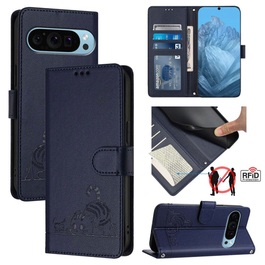 For Google Pixel 9 / 9 Pro Cat Rat Embossed Pattern RFID Leather Phone Case with Lanyard(Blue) - Google Cases by PMC Jewellery | Online Shopping South Africa | PMC Jewellery | Buy Now Pay Later Mobicred