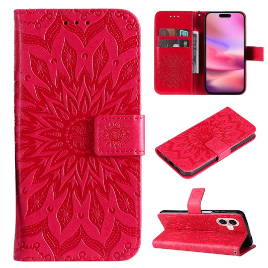 For iPhone 16 Embossed Sunflower Pattern Flip Leather Phone Case(Red) - iPhone 16 Cases by PMC Jewellery | Online Shopping South Africa | PMC Jewellery | Buy Now Pay Later Mobicred