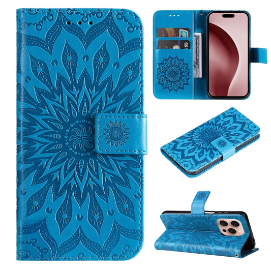 For iPhone 16 Pro Embossed Sunflower Pattern Flip Leather Phone Case(Blue) - iPhone 16 Pro Cases by PMC Jewellery | Online Shopping South Africa | PMC Jewellery | Buy Now Pay Later Mobicred