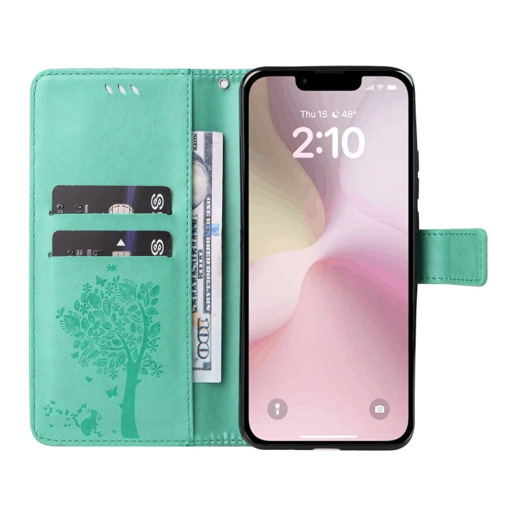 For iPhone SE 2024 Tree & Cat Embossed Pattern Flip Leather Phone Case(Green) - More iPhone Cases by PMC Jewellery | Online Shopping South Africa | PMC Jewellery | Buy Now Pay Later Mobicred