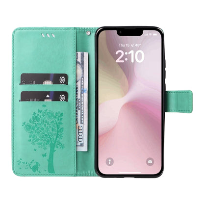 For iPhone SE 2024 Tree & Cat Embossed Pattern Flip Leather Phone Case(Green) - More iPhone Cases by PMC Jewellery | Online Shopping South Africa | PMC Jewellery | Buy Now Pay Later Mobicred