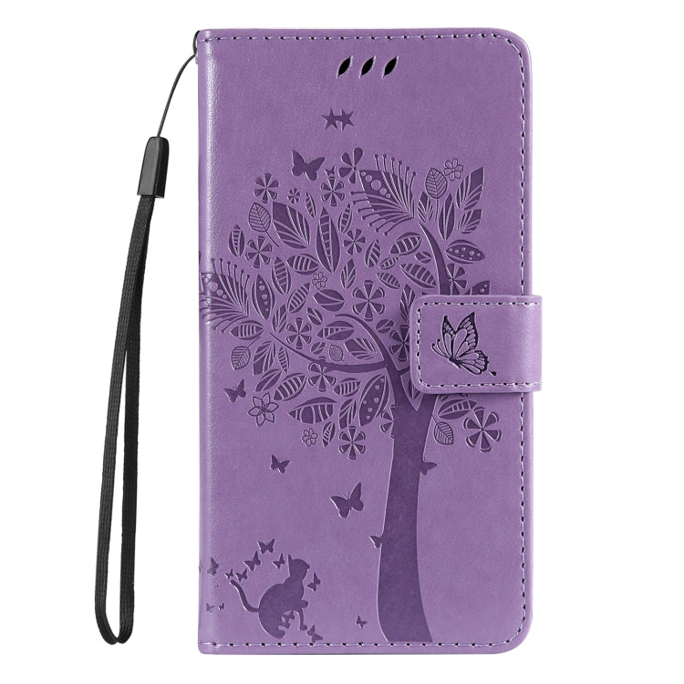 For iPhone SE 2024 Tree & Cat Embossed Pattern Flip Leather Phone Case(Light Purple) - More iPhone Cases by PMC Jewellery | Online Shopping South Africa | PMC Jewellery | Buy Now Pay Later Mobicred