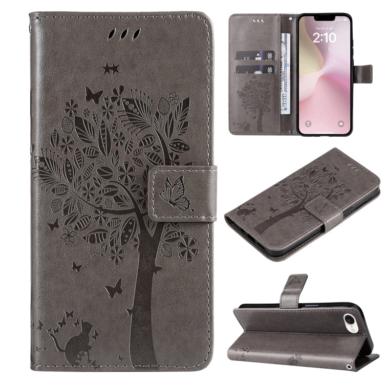 For iPhone SE 2024 Tree & Cat Embossed Pattern Flip Leather Phone Case(Grey) - More iPhone Cases by PMC Jewellery | Online Shopping South Africa | PMC Jewellery | Buy Now Pay Later Mobicred