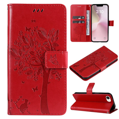 For iPhone SE 2024 Tree & Cat Embossed Pattern Flip Leather Phone Case(Red) - More iPhone Cases by PMC Jewellery | Online Shopping South Africa | PMC Jewellery | Buy Now Pay Later Mobicred