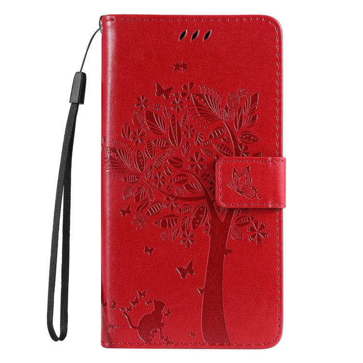 For iPhone SE 2024 Tree & Cat Embossed Pattern Flip Leather Phone Case(Red) - More iPhone Cases by PMC Jewellery | Online Shopping South Africa | PMC Jewellery | Buy Now Pay Later Mobicred