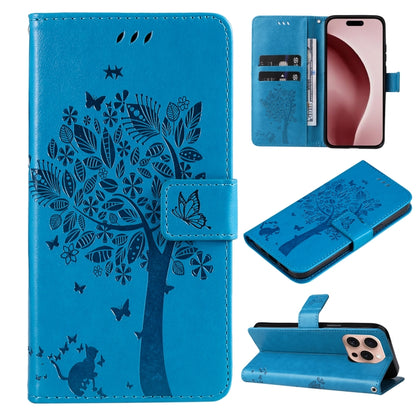 For iPhone 16 Pro Tree & Cat Embossed Pattern Flip Leather Phone Case(Blue) - iPhone 16 Pro Cases by PMC Jewellery | Online Shopping South Africa | PMC Jewellery | Buy Now Pay Later Mobicred