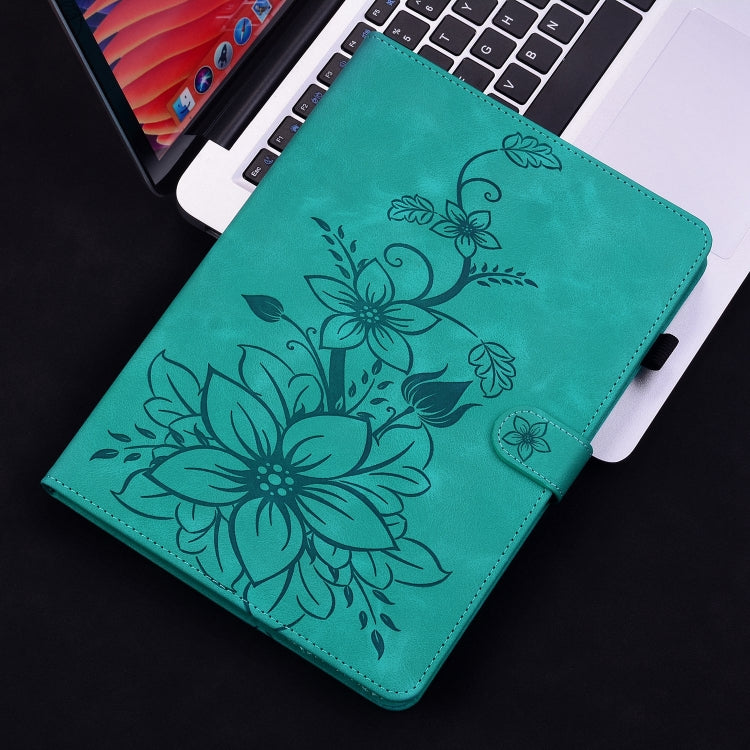 For Samsung Galaxy Tab S9 / S9 FE Lily Embossed Leather Tablet Case(Green) - Galaxy Tab S9 Cases by PMC Jewellery | Online Shopping South Africa | PMC Jewellery | Buy Now Pay Later Mobicred