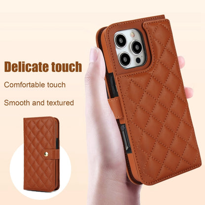 For iPhone 16 Pro Max Crossbody Multifunction Rhombic Leather Phone Case(Brown) - iPhone 16 Pro Max Cases by PMC Jewellery | Online Shopping South Africa | PMC Jewellery | Buy Now Pay Later Mobicred