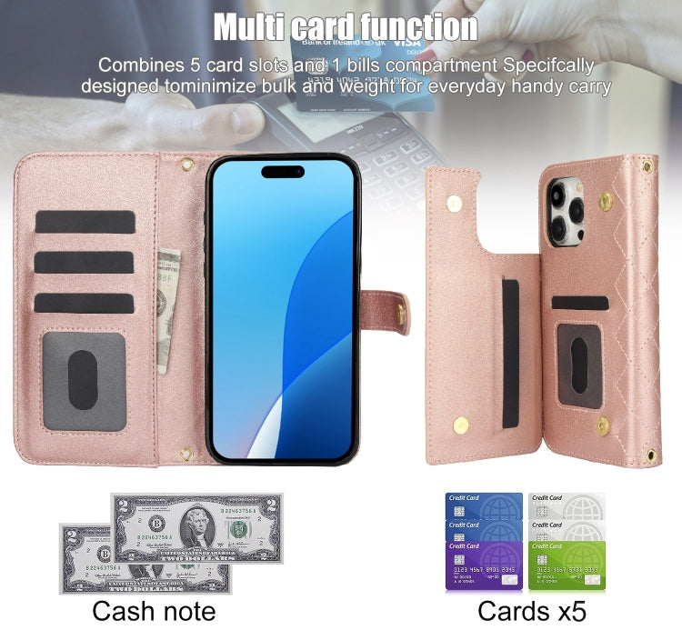 For iPhone 16 Pro Crossbody Multifunction Rhombic Leather Phone Case(Rose Gold) - More iPhone Cases by PMC Jewellery | Online Shopping South Africa | PMC Jewellery | Buy Now Pay Later Mobicred