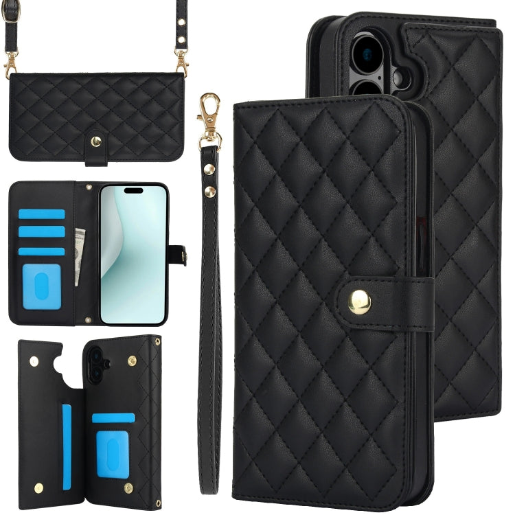 For iPhone 16 Plus Crossbody Multifunction Rhombic Leather Phone Case(Black) - iPhone 16 Plus Cases by PMC Jewellery | Online Shopping South Africa | PMC Jewellery | Buy Now Pay Later Mobicred