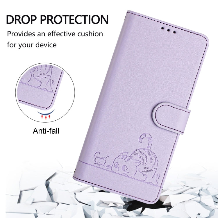 For Motorola Moto G Play 4G 2024 Global Cat Rat Embossed Pattern RFID Leather Phone Case with Lanyard(Purple) - Motorola Cases by PMC Jewellery | Online Shopping South Africa | PMC Jewellery | Buy Now Pay Later Mobicred