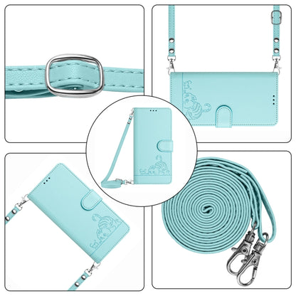 For Motorola Moto G 5G 2024 Global Cat Rat Embossed Pattern RFID Leather Phone Case with Lanyard(Mint Green) - Motorola Cases by PMC Jewellery | Online Shopping South Africa | PMC Jewellery | Buy Now Pay Later Mobicred