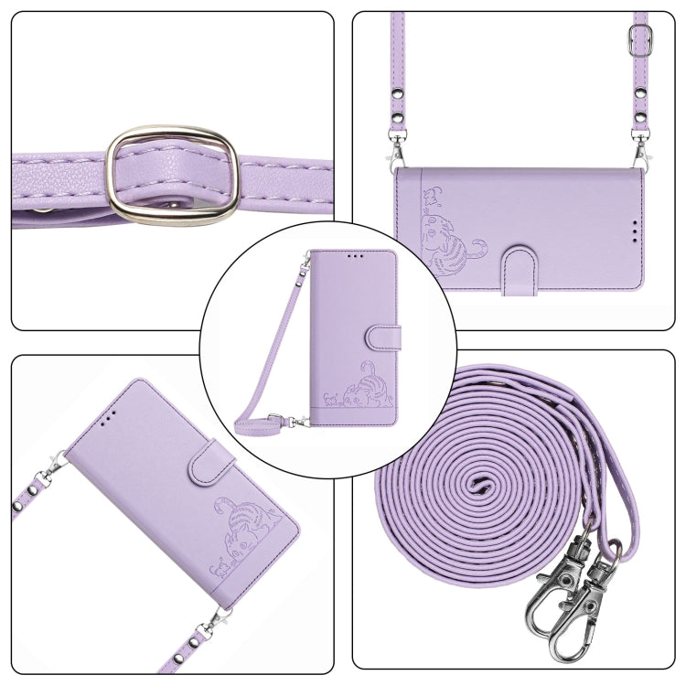 For Motorola Moto G 5G 2024 Global Cat Rat Embossed Pattern RFID Leather Phone Case with Lanyard(Purple) - Motorola Cases by PMC Jewellery | Online Shopping South Africa | PMC Jewellery | Buy Now Pay Later Mobicred