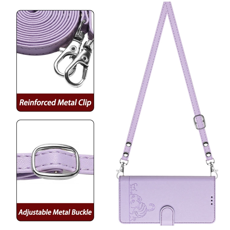 For Motorola Moto G 5G 2024 Global Cat Rat Embossed Pattern RFID Leather Phone Case with Lanyard(Purple) - Motorola Cases by PMC Jewellery | Online Shopping South Africa | PMC Jewellery | Buy Now Pay Later Mobicred