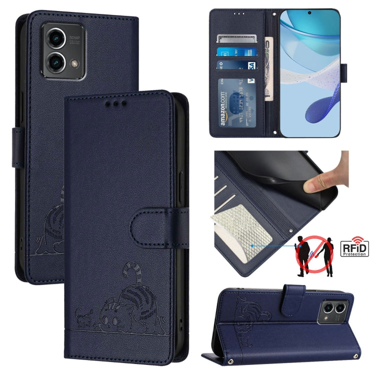 For Motorola Moto G Stylus 5G 2024 Cat Rat Embossed Pattern RFID Leather Phone Case with Lanyard(Blue) - Motorola Cases by PMC Jewellery | Online Shopping South Africa | PMC Jewellery | Buy Now Pay Later Mobicred