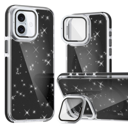 For iPhone 16 Two-color Glitter Powder Lens Holder Magsafe Phone Case(Black) - iPhone 16 Cases by PMC Jewellery | Online Shopping South Africa | PMC Jewellery | Buy Now Pay Later Mobicred