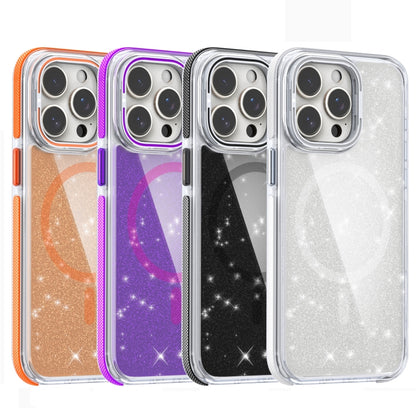 For iPhone 16 Pro Two-color Glitter Powder Lens Holder Magsafe Phone Case(Orange) - iPhone 16 Pro Cases by PMC Jewellery | Online Shopping South Africa | PMC Jewellery | Buy Now Pay Later Mobicred