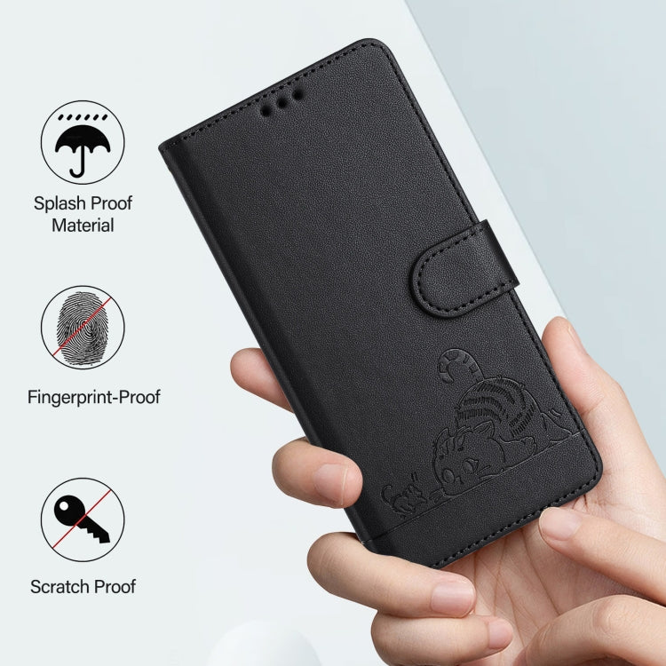 For Honor Magic6 Pro 5G Global Cat Rat Embossed Pattern RFID Leather Phone Case with Lanyard(Black) - Honor Cases by PMC Jewellery | Online Shopping South Africa | PMC Jewellery | Buy Now Pay Later Mobicred