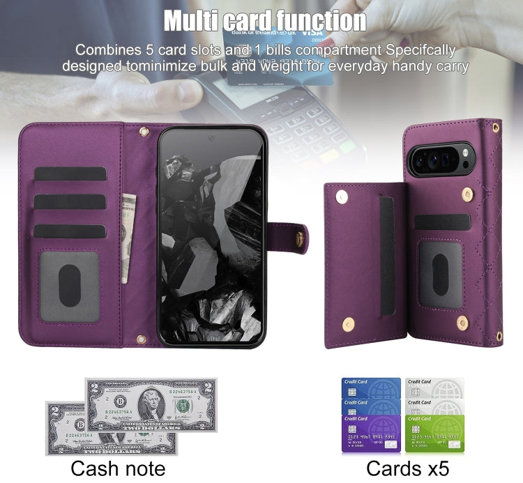 For Google Pixel 9 Pro XL Crossbody Multifunction Rhombic Leather Phone Case(Dark Purple) - Google Cases by PMC Jewellery | Online Shopping South Africa | PMC Jewellery | Buy Now Pay Later Mobicred