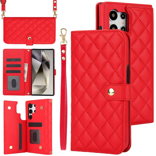 For Samsung Galaxy S24 Ultra 5G Crossbody Multifunction Rhombic Leather Phone Case(Red) - Galaxy S24 Ultra 5G Cases by PMC Jewellery | Online Shopping South Africa | PMC Jewellery | Buy Now Pay Later Mobicred