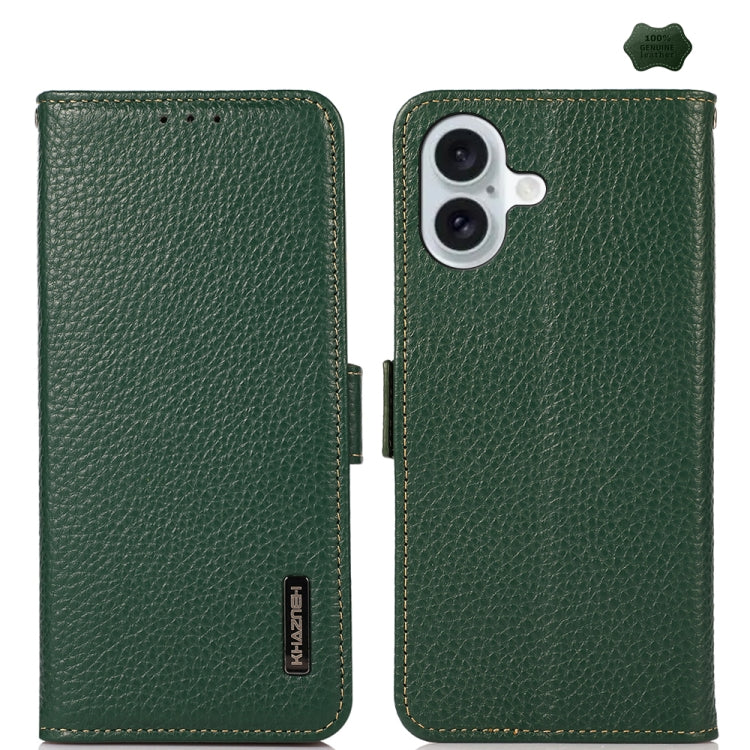 For iPhone 16 Plus KHAZNEH Side-Magnetic Litchi Genuine Leather RFID Case(Green) - iPhone 16 Plus Cases by PMC Jewellery | Online Shopping South Africa | PMC Jewellery | Buy Now Pay Later Mobicred