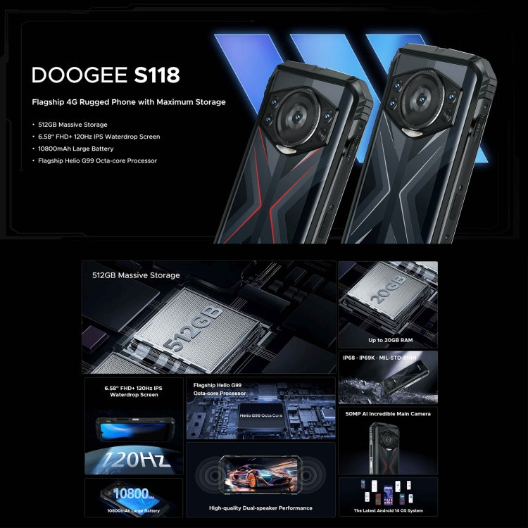 [HK Warehouse] DOOGEE S118 Rugged Phone, 8GB+512GB, 6.58 inch Android 14 MediaTek Helio G99 Octa Core, Network: 4G, OTG, NFC(Black Silver) - DOOGEE by DOOGEE | Online Shopping South Africa | PMC Jewellery | Buy Now Pay Later Mobicred