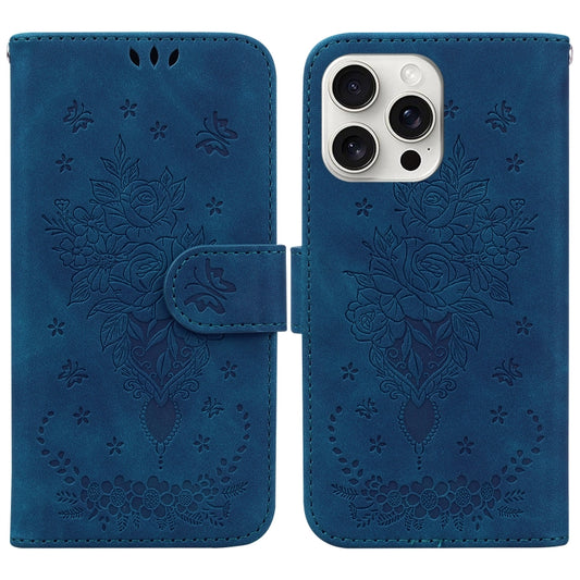 For iPhone 16 Pro Butterfly Rose Embossed Leather Phone Case(Blue) - iPhone 16 Pro Cases by PMC Jewellery | Online Shopping South Africa | PMC Jewellery | Buy Now Pay Later Mobicred