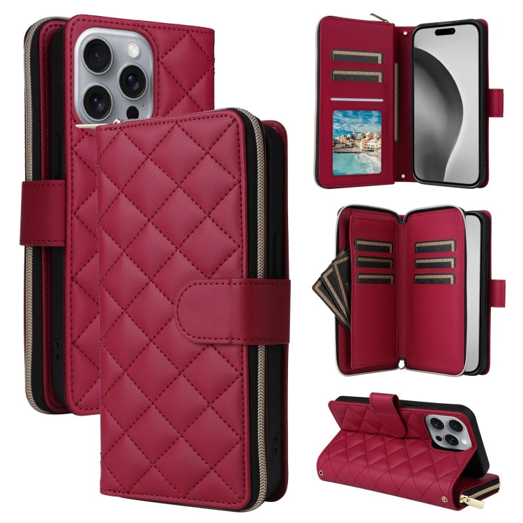 For iPhone 16 Pro Max Crossbody Rhombic Zipper Tower Buckle Leather Phone Case with Lanyard(Wine Red) - iPhone 16 Pro Max Cases by PMC Jewellery | Online Shopping South Africa | PMC Jewellery | Buy Now Pay Later Mobicred