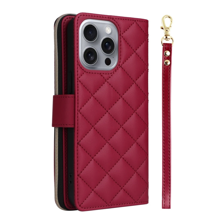 For iPhone 16 Pro Max Crossbody Rhombic Zipper Tower Buckle Leather Phone Case with Lanyard(Wine Red) - iPhone 16 Pro Max Cases by PMC Jewellery | Online Shopping South Africa | PMC Jewellery | Buy Now Pay Later Mobicred