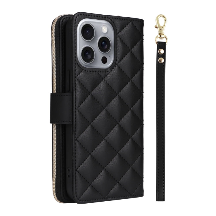 For iPhone 16 Pro Max Crossbody Rhombic Zipper Tower Buckle Leather Phone Case with Lanyard(Black) - iPhone 16 Pro Max Cases by PMC Jewellery | Online Shopping South Africa | PMC Jewellery | Buy Now Pay Later Mobicred