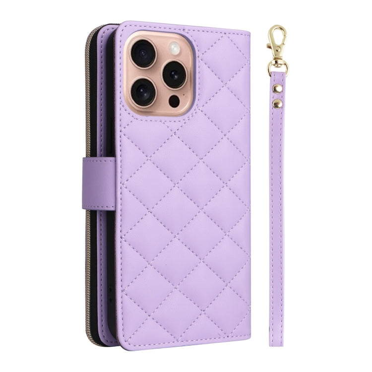 For iPhone 16 Pro Crossbody Rhombic Zipper Tower Buckle Leather Phone Case with Lanyard(Purple) - iPhone 16 Pro Cases by PMC Jewellery | Online Shopping South Africa | PMC Jewellery | Buy Now Pay Later Mobicred