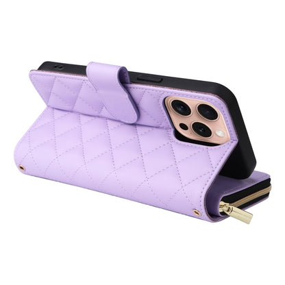 For iPhone 16 Pro Crossbody Rhombic Zipper Tower Buckle Leather Phone Case with Lanyard(Purple) - iPhone 16 Pro Cases by PMC Jewellery | Online Shopping South Africa | PMC Jewellery | Buy Now Pay Later Mobicred