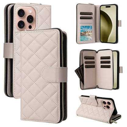 For iPhone 16 Pro Crossbody Rhombic Zipper Tower Buckle Leather Phone Case with Lanyard(Beige) - iPhone 16 Pro Cases by PMC Jewellery | Online Shopping South Africa | PMC Jewellery | Buy Now Pay Later Mobicred