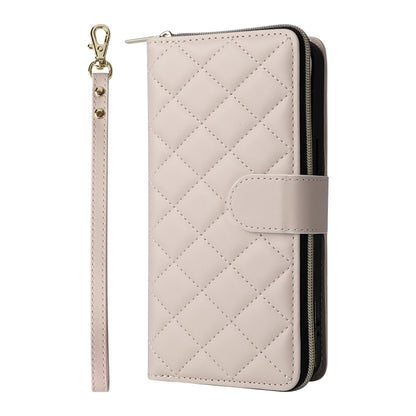 For iPhone 16 Pro Crossbody Rhombic Zipper Tower Buckle Leather Phone Case with Lanyard(Beige) - iPhone 16 Pro Cases by PMC Jewellery | Online Shopping South Africa | PMC Jewellery | Buy Now Pay Later Mobicred