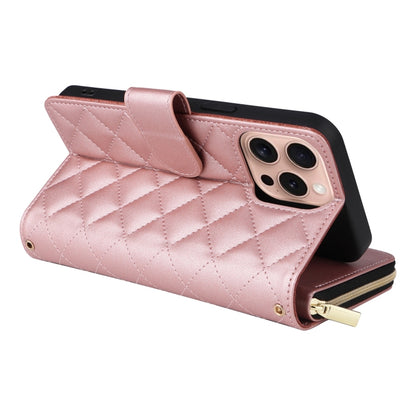 For iPhone 16 Pro Crossbody Rhombic Zipper Tower Buckle Leather Phone Case with Lanyard(Rose Gold) - iPhone 16 Pro Cases by PMC Jewellery | Online Shopping South Africa | PMC Jewellery | Buy Now Pay Later Mobicred