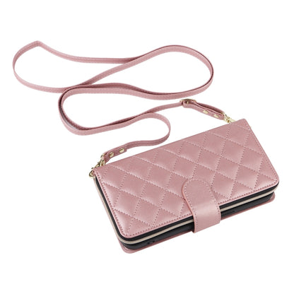 For iPhone 16 Pro Crossbody Rhombic Zipper Tower Buckle Leather Phone Case with Lanyard(Rose Gold) - iPhone 16 Pro Cases by PMC Jewellery | Online Shopping South Africa | PMC Jewellery | Buy Now Pay Later Mobicred