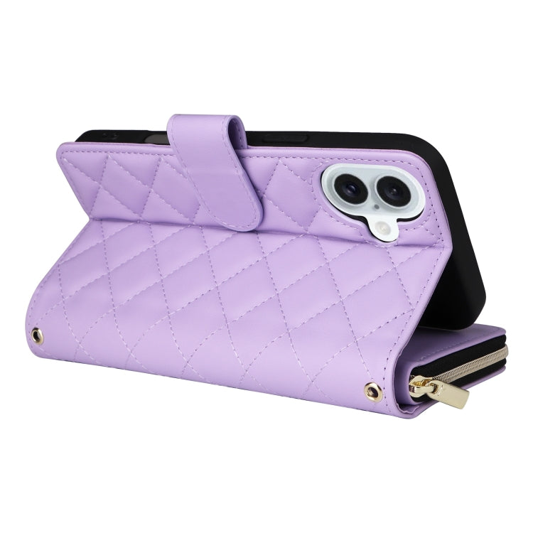 For iPhone 16 Plus Crossbody Rhombic Zipper Tower Buckle Leather Phone Case with Lanyard(Purple) - iPhone 16 Plus Cases by PMC Jewellery | Online Shopping South Africa | PMC Jewellery | Buy Now Pay Later Mobicred